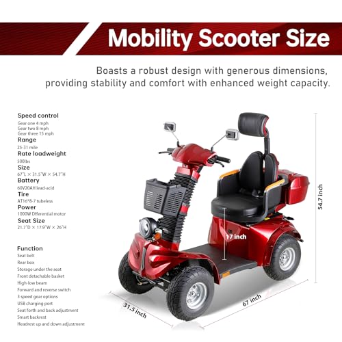 1000W Heavy Duty 4 Wheel Mobility Scooters 500lbs Weight Capacity, Powered Mobility Scooters for Seniors & Adult, 3 Speed Control Mobility with Adjustable Seat & Lazy Back, Red