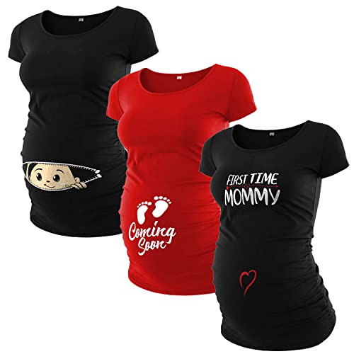 Pack of 3 Maternity Shirts for Women - Cute Funny Graphic Mother's Day Gifts for First Time Moms Ruched Sides Tops