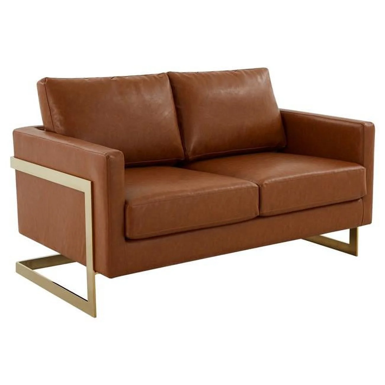 Lincoln Modern Mid-Century Upholstered Leather Loveseat with Gold Frame, Cognac Tan