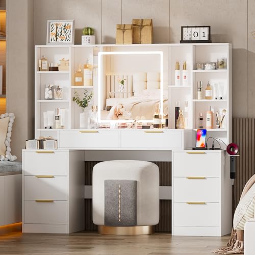 Large Makeup Vanity Desk with Lighted Mirror & Power Outlet,Dresser Table with 3 Lighting Modes Brightness Adjustable,Drawers,Shelves,Hair Dryer Stand for Bedroom,White (No Stool)
