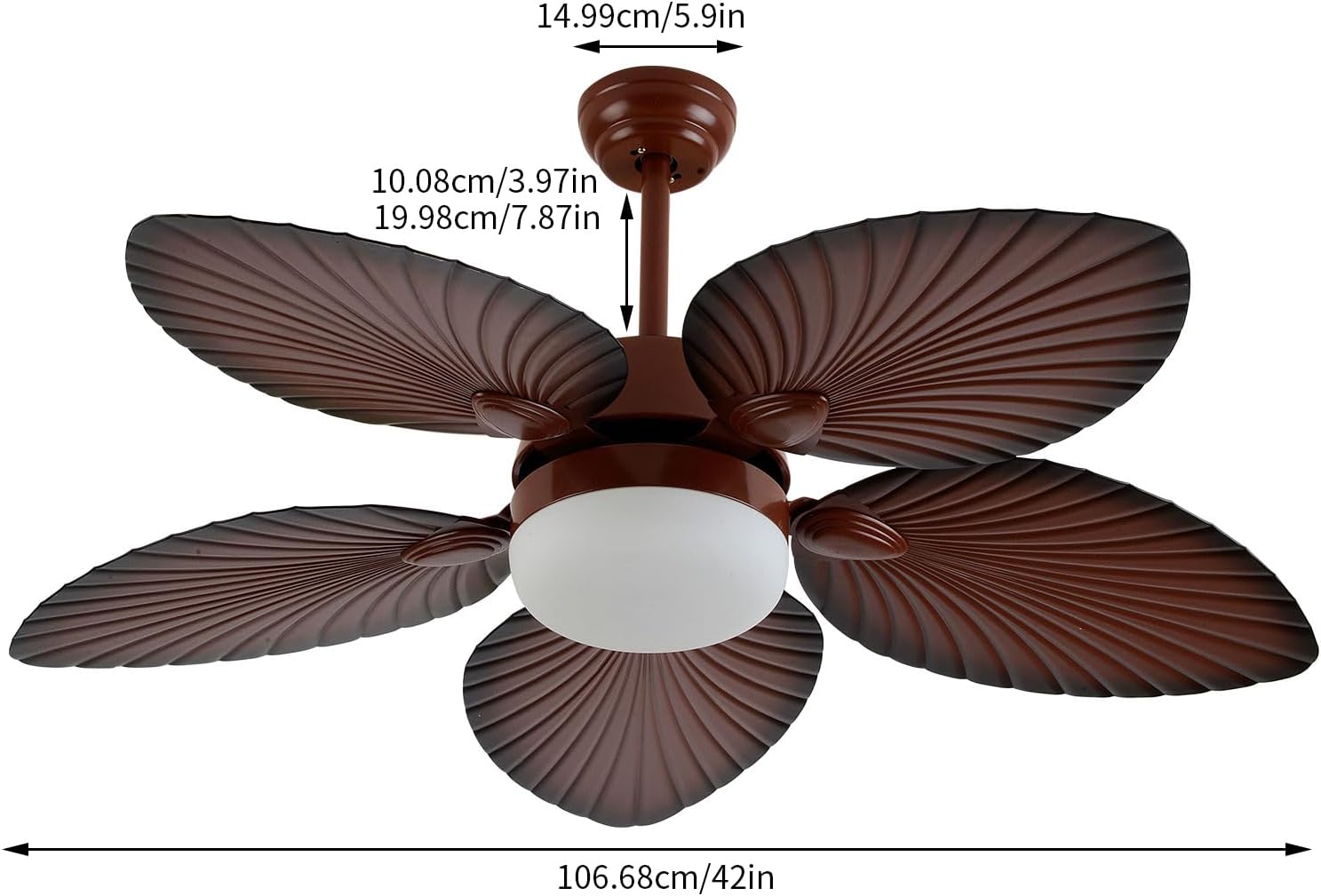 Ceiling Fan with Light, 42 Inch Tropical Coastal Indoor/Outdoor Ceiling Fan with LED Light and Remote Control, 3 Colors, 3 Speeds,Acrylic Lamp Cover+Pure Copper Motor+5 Palm Leaf Blades Fan for Patio