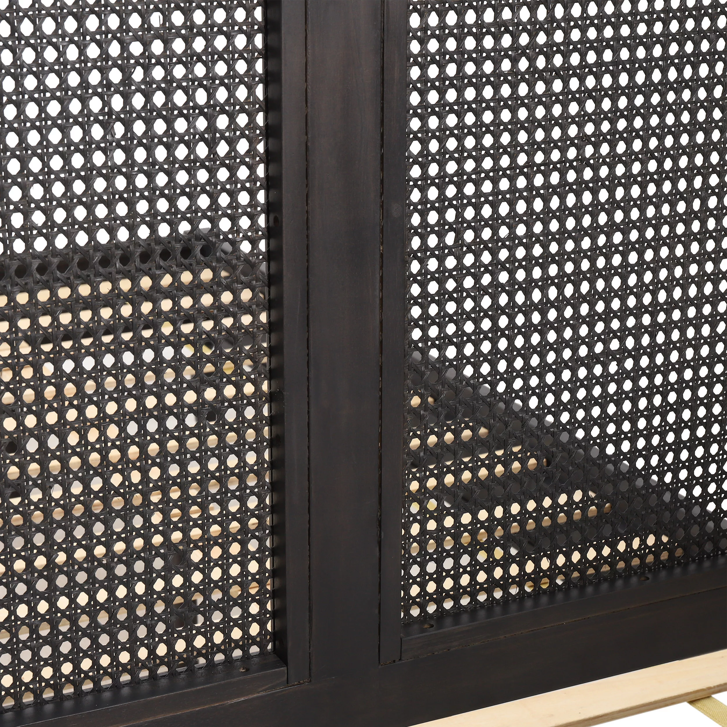 GDF Studio Mathena Rustic Acacia Wood and Rattan Queen Bed, Dark Gray