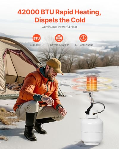 VEVOR Propane Tank Top Heater, 42000 BTU Rapid Heating 360-Degree Infrared Radiant Tank Top Gas Heater, Stepless Temperature Adjustment for Ice Fishing/Hunting/Outdoor Work, Single Burner