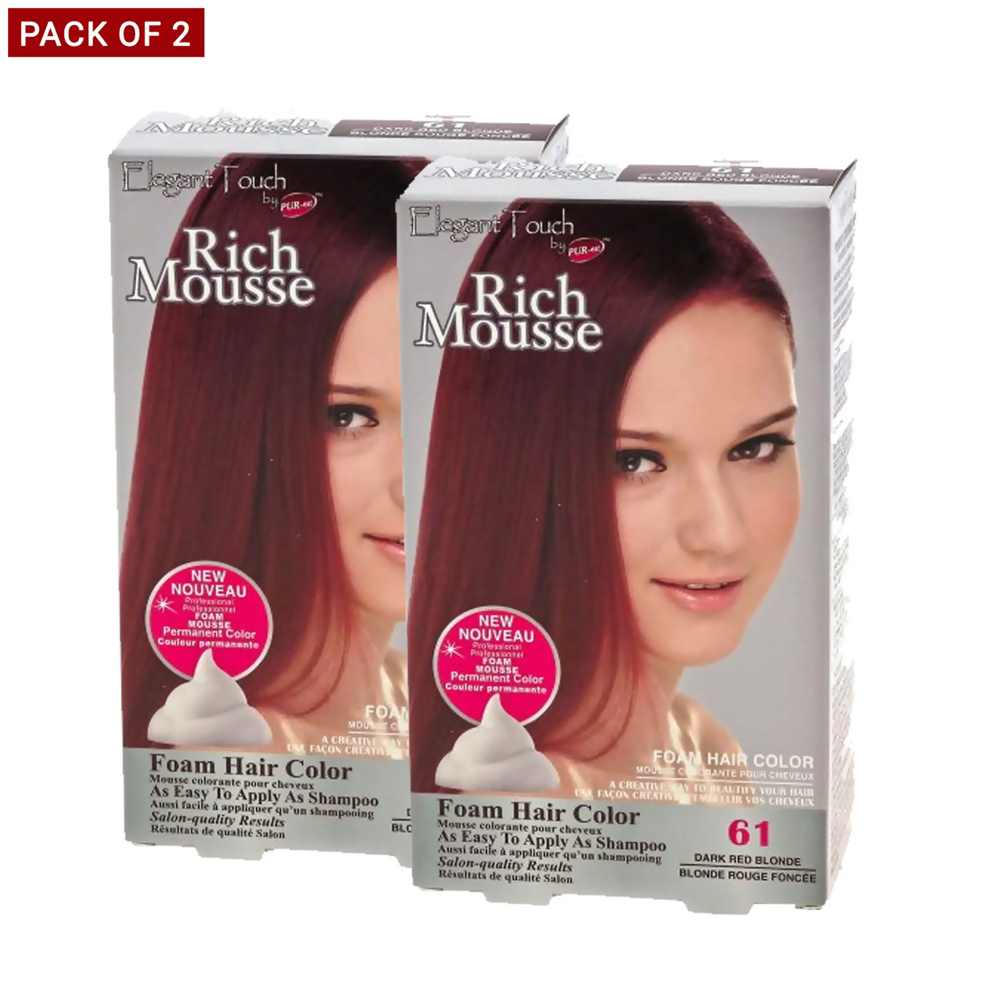 Pur-Est Rich Mousse Foam Hair Color, Dark Red Blonde #61, 0.18kg - Pack of 2