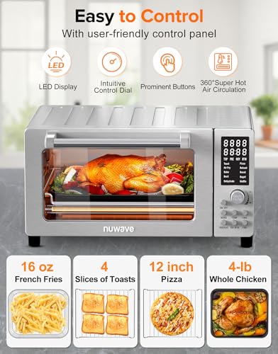 Nuwave Bravo Pro Smart 21QT Toaster Oven Air Fryer Combo, Convection Oven Countertop, 10 functions all in 1, with even & quick crisp technology, 50-450°F, 1800W, Stainless Steel