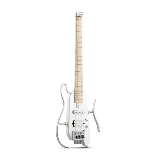 Donner HUSH-X Electric Guitar Kit - Featherlight Travel Guitar with Easy Assemble Stands, Great for Travel and Practice, Mahogany Solid Body, Gig Bag, All Accessories, Metallic White