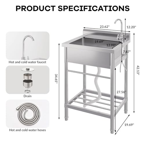 Stainless Steel Free-Standing Utility Sink, Single Bowl Freestanding Laundry Sink with Faucet, Drainboard, Storage, Hot & Cold Water Plumbing for Restaurant, Workshop, Home, 24x20x41 in