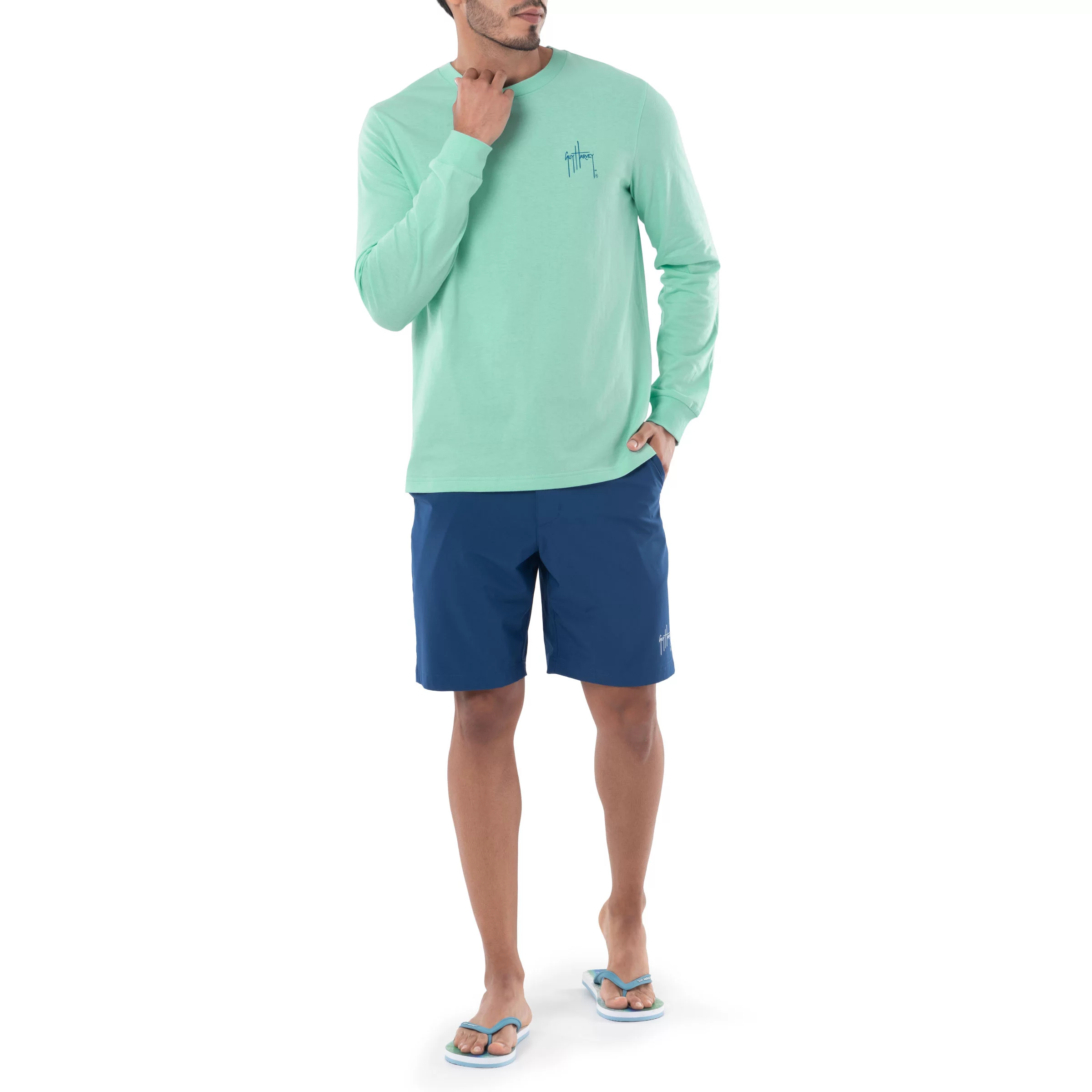 Guy Harvey Men's Ea Marlin Long Sleeve Sun Protection UPF 50+ Top - Beach Glass Small