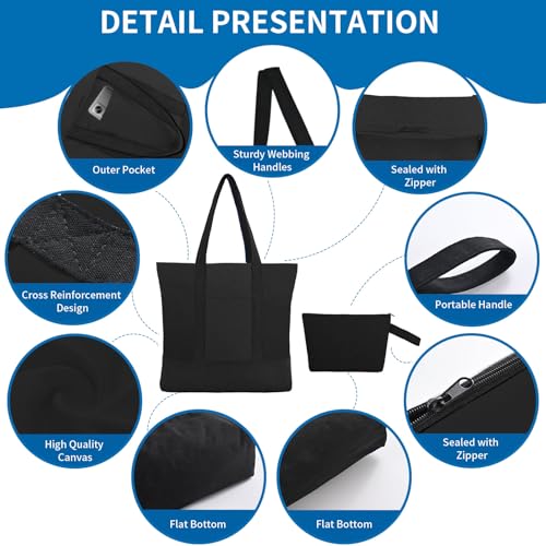 16 Pack Canvas Tote Bags Bulk and Makeup Pouches Set, 12oz Cotton Reusable Zippered Grocery Bags with Handles, DIY Sublimation, Halloween Craft, Beach & Travel with External Pocket (Women & Men)