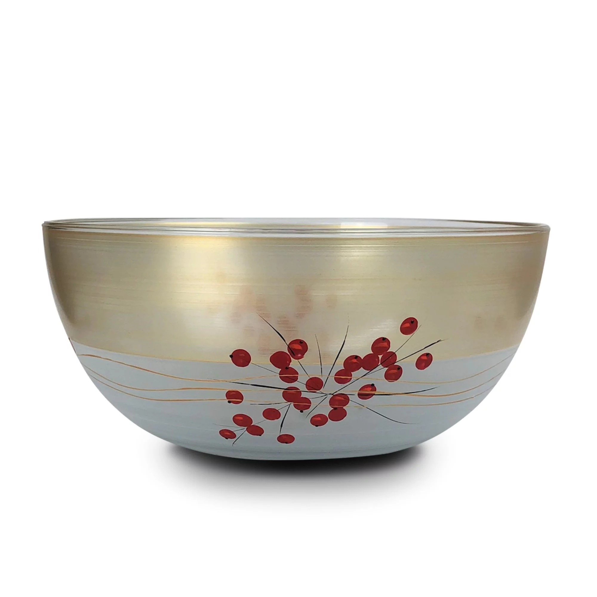 Crafted Creations White and Gold Holly Berries Hand Painted Glass Serving Bowl 11