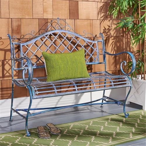 SAFAVIEH PAT5017C Outdoor Collection Abner Antique Blue Wrought Iron 46-inch Garden Bench
