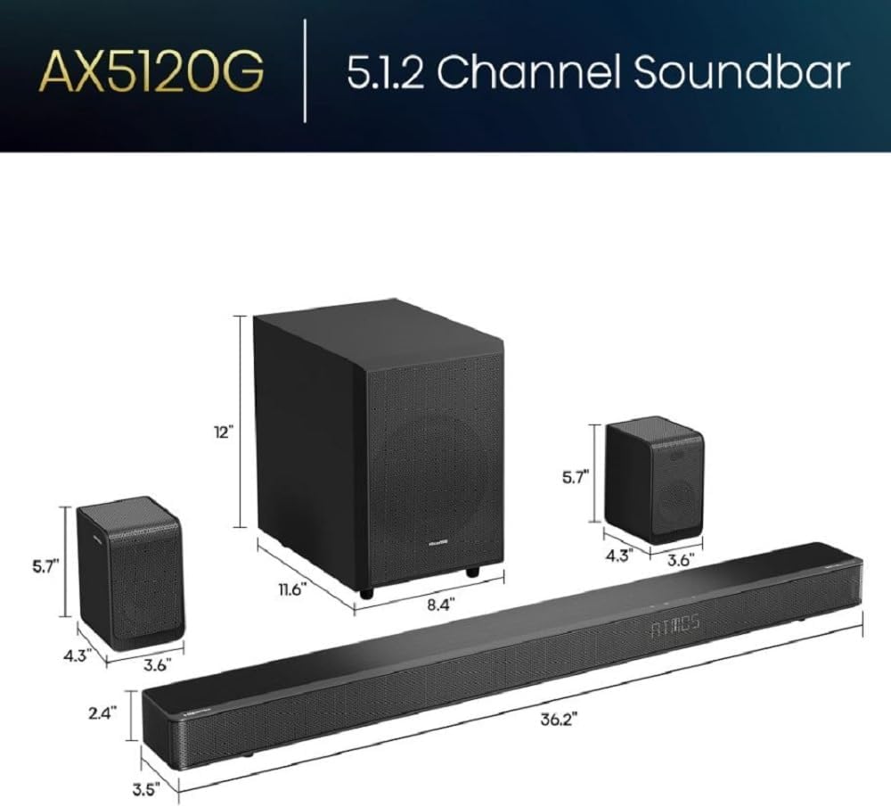 Hisense AX Series 5.1.2 Ch 420W Soundbar with Wireless Subwoofer & Wireless Rear Satellite speakers, and Dolby Atmos AX5120G (Renewed), Black