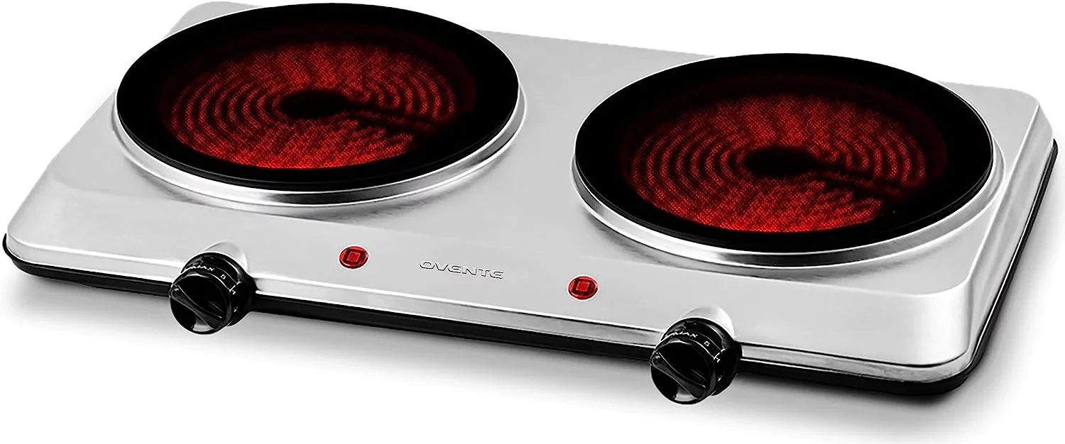 OVENTE Countertop Infrared Double Burner, 1500W Electric Hot Plate & Portable Stove, Silver BGI202S