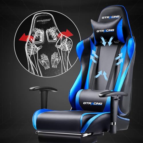 GTRACING Gaming Chair with Footrest, Ergonomic Computer Game Desk Chair, Recline Gaming Chair Seat Height Adjustment, Swivel Rocker with Headrest and Lumbar (Blue)