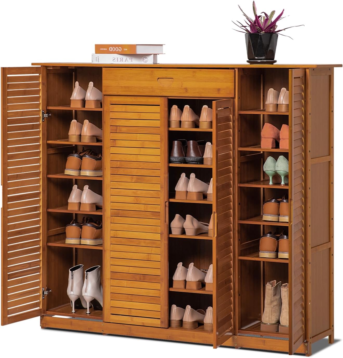 Magshion Bamboo 7-Tier Shoe Organizer with Drawer, Blind Door, Boots & Heels Holder, Entryway Freestanding Shoe Cabinet Organizer Storage Rack for Hallway Entryway (Brown)