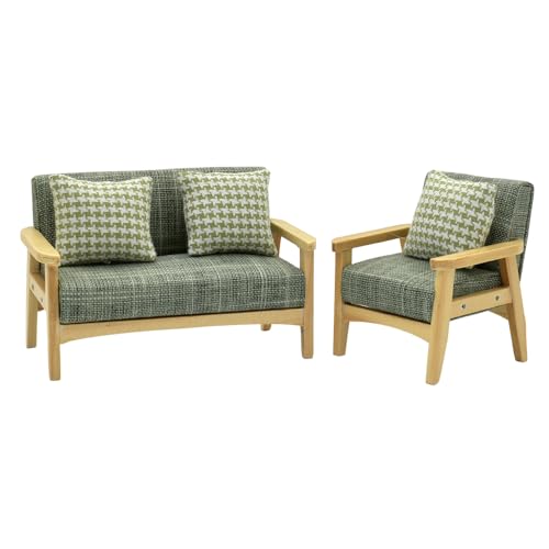 iland Dollhouse Couch and Miniature Sofa Set with Mini Houndstooth Cushions, Dollhouse Furniture on 1/12 Scale for Dollhouse Living Room (Grey Green)