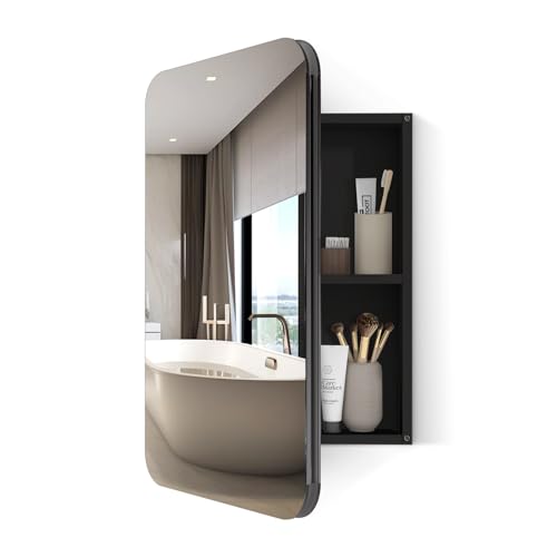 24x16 Inch Bathroom Medicine Cabinet Black Aluminium Profiles Wall Mounted Bathroom Medicine Cabinet or Recessed Mirror Cabinet Rounded Rectangle Bathroom Medicine Cabinet