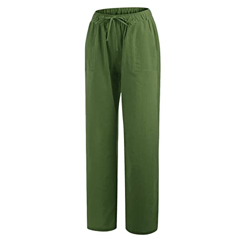 Women Linen Casual Solid Cotton Elastic Waist Drawstring Long Wide Leg Pants Elastic Winter Pants