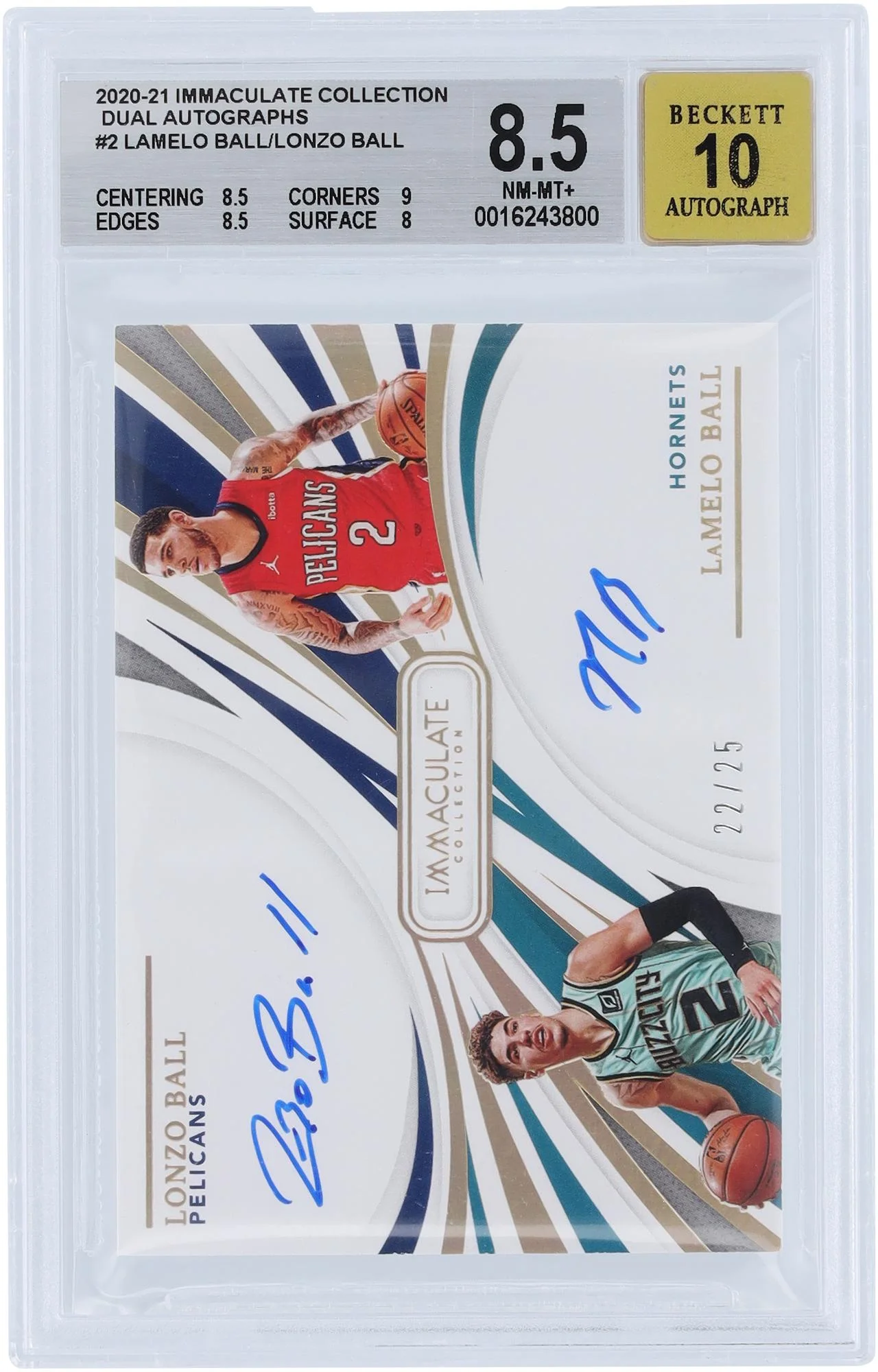 Lonzo Ball New Orleans Pelicans and LaMelo Ball Charlotte Hornets Autographed 2020-21 Panini Immaculate Collection Dual Auto #DA-LLA #22/25 BGS Authenticated 8.5/10 Rookie Card - 8.5,9,8.5,8 Subgrades