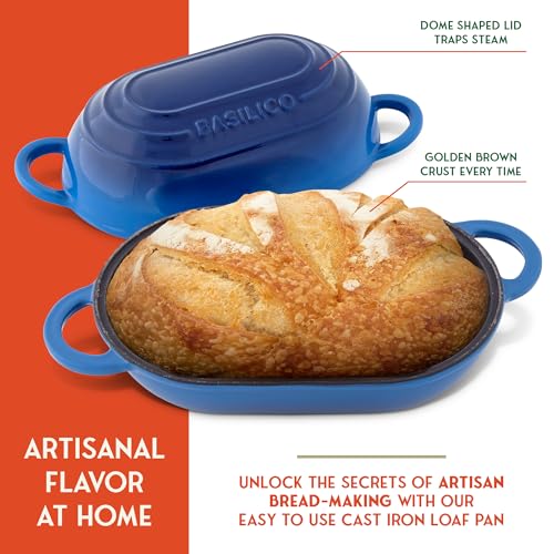 Enameled Cast Iron Bread Oven 2 Qt (Blue), Non-Stick Single Loaf Cast Iron Bread Pan with Lid, Easy Homemade Sourdough Dutch Oven with Lid, Oven-Safe Artisan Bread Baking Pan