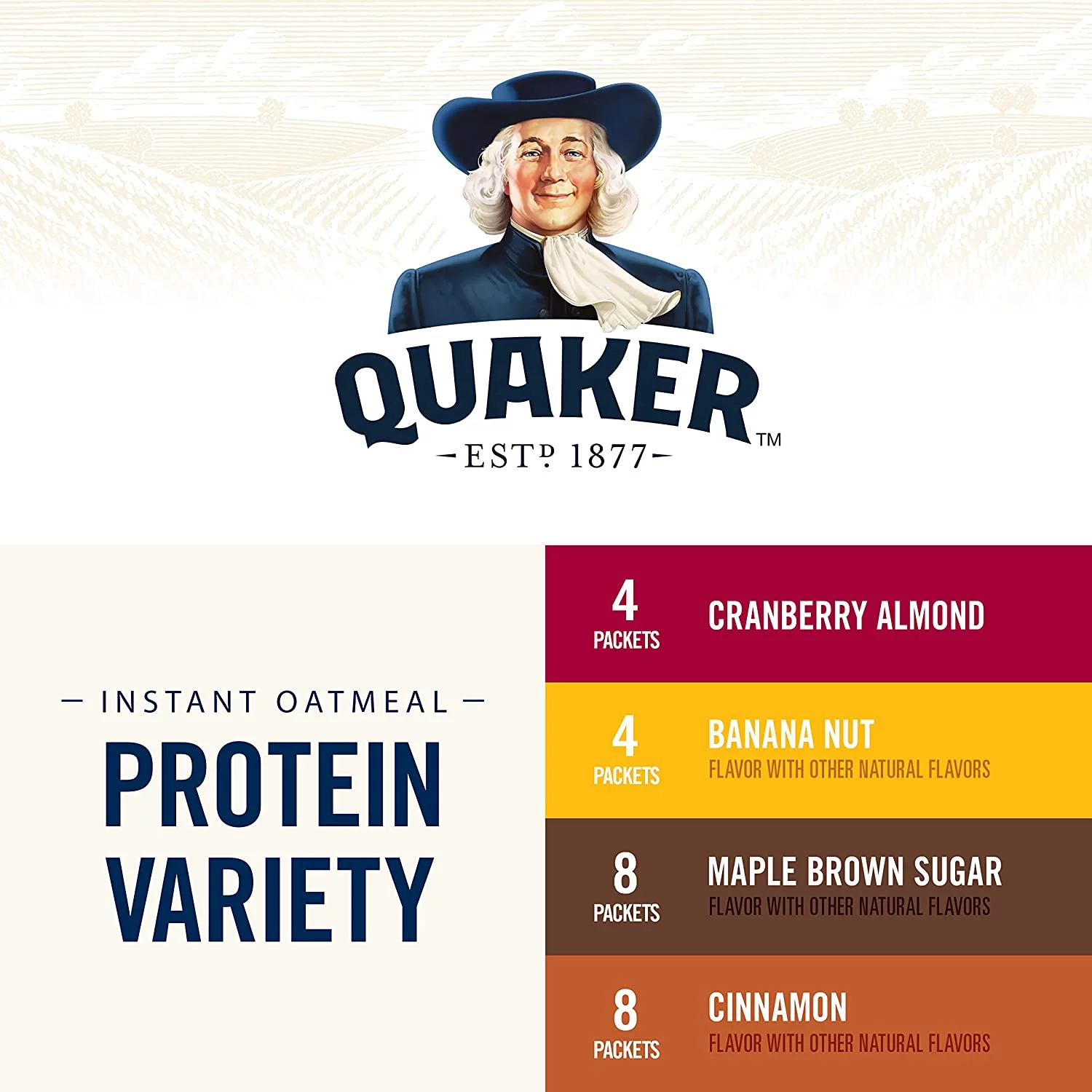 Quaker Instant Oatmeal, Protein 4 Flavor Variety Pack, 7g+ Protein, Individual Packets, 24 Count