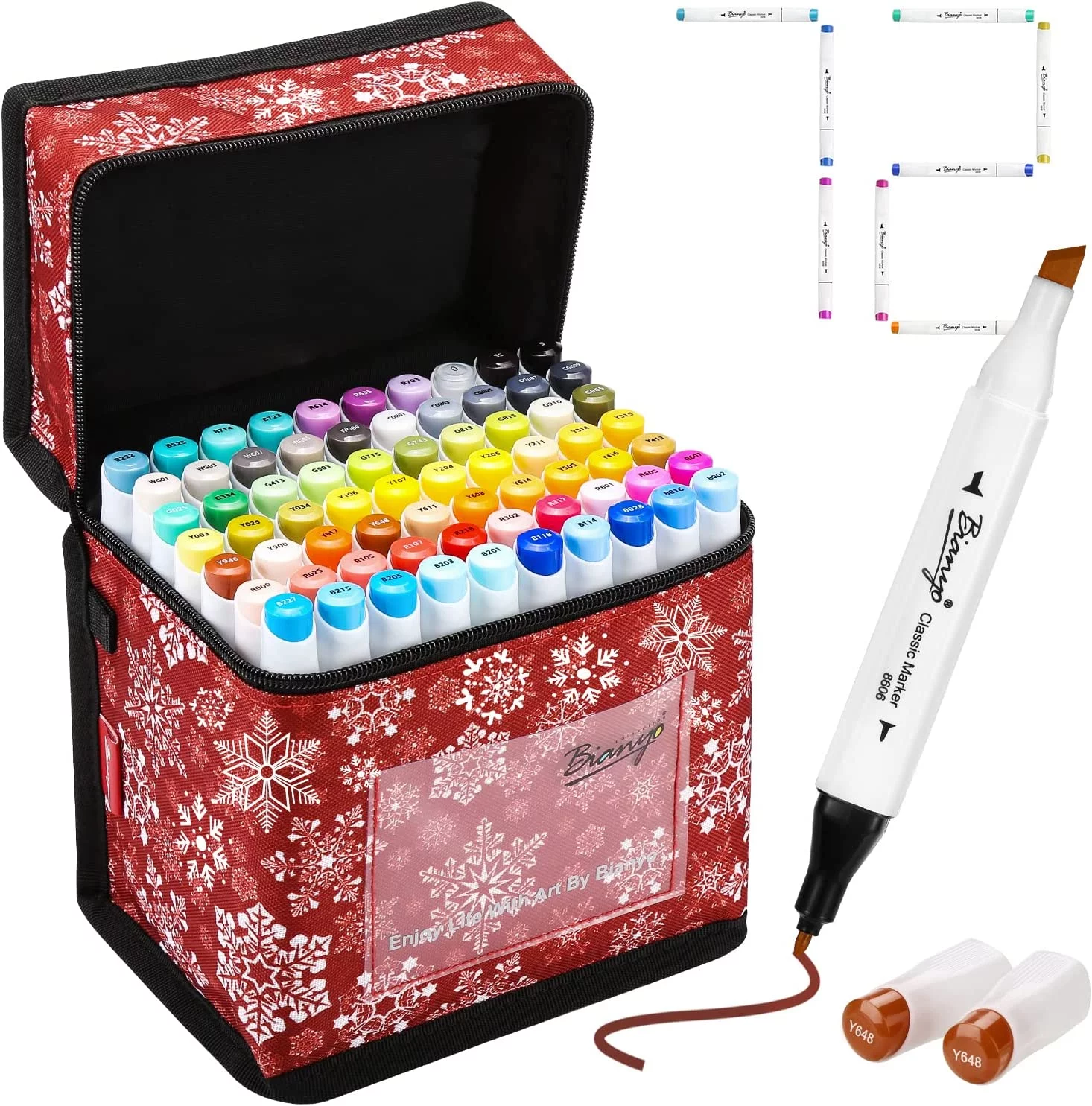 Bianyo 72 Primary Colors Alcohol-Based Dual Tip Bullet & Chisel Alcohol Markers with Christmas Design Bag