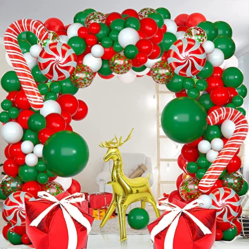 Christmas Balloons Garland Arch Kit, Xmas Red Green White Confetti Balloons with Candy Cane Foil Balloons for Christmas Party Birthday Xmas Party Decorations