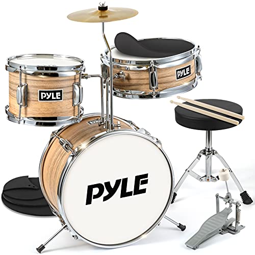 Pyle 13'' 3-Piece Kids/Junior Metallic Striped Yellow Matt Set with Throne, Cymbal, Pedal, Bass Drum, Tom and Drumsticks (PDRMKIT72N.5)