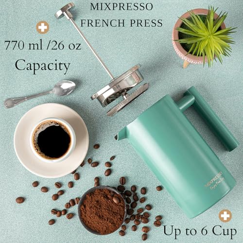 Mixpresso Stainless Steel French Press Coffee Maker 27 Oz 800 ml, Double Wall Insulated French Press Stainless Steel, Easy Clean Tea Brewer, Easy Press Durable Metal Coffee Press