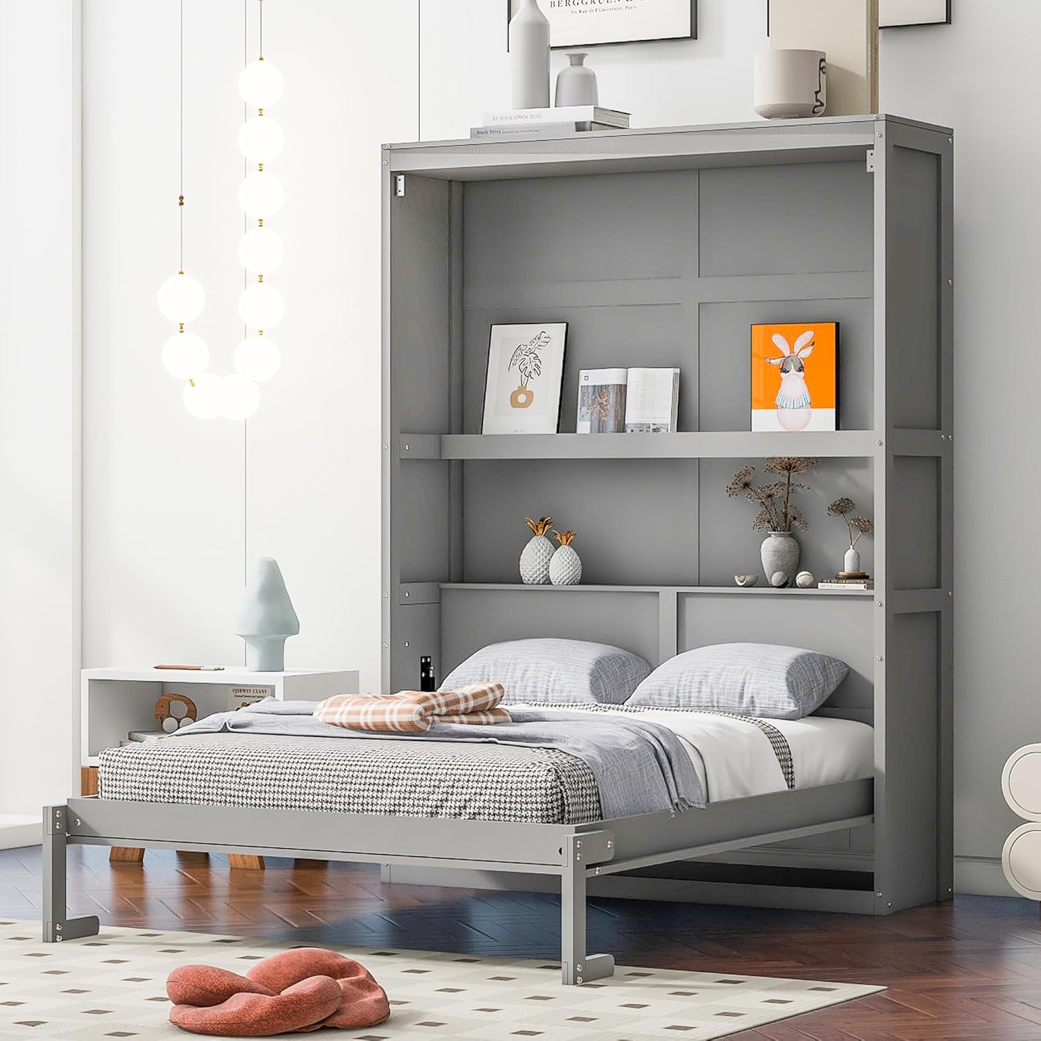 Bellemave Murphy Bed Full Size, Cabinet Bed Frame with Storage Shelves, Modern Wood Foldable Wall Bed for Home Office Studio, Gray