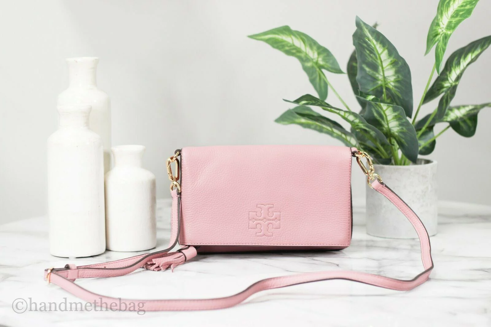 Tory Burch (67291) Thea Mini Pebbled Leather Foldover Crossbody Bag Clutch Handbag (Pink Magnolia)