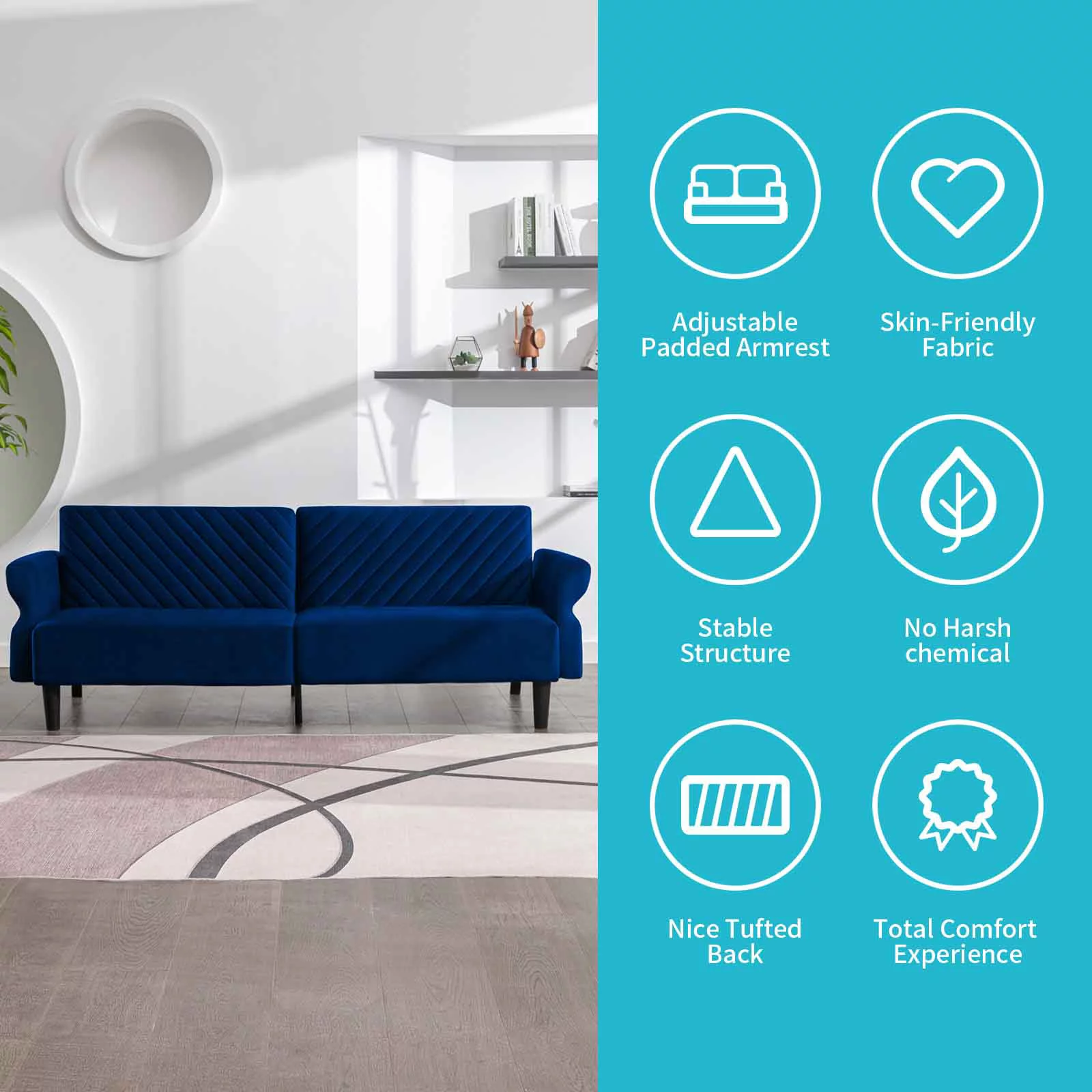 CECER Convertible Futon Sofa Bed | Modern Loveseat | Folding Upholstered Sleeper Sofa with Adjustable Backrest & Armrest,Blue