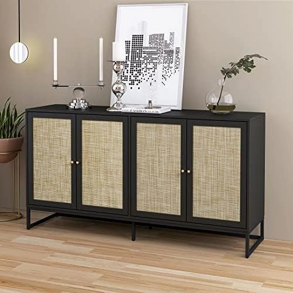 HJZUINIUNIU Modern Sideboard Cabinet  Accent  Cabinet with Rattan Doors and Adjustable Shelves  Freestanding Sideboard  Cabinet for Kitchen Dining Living Room Hallway Office (Black)