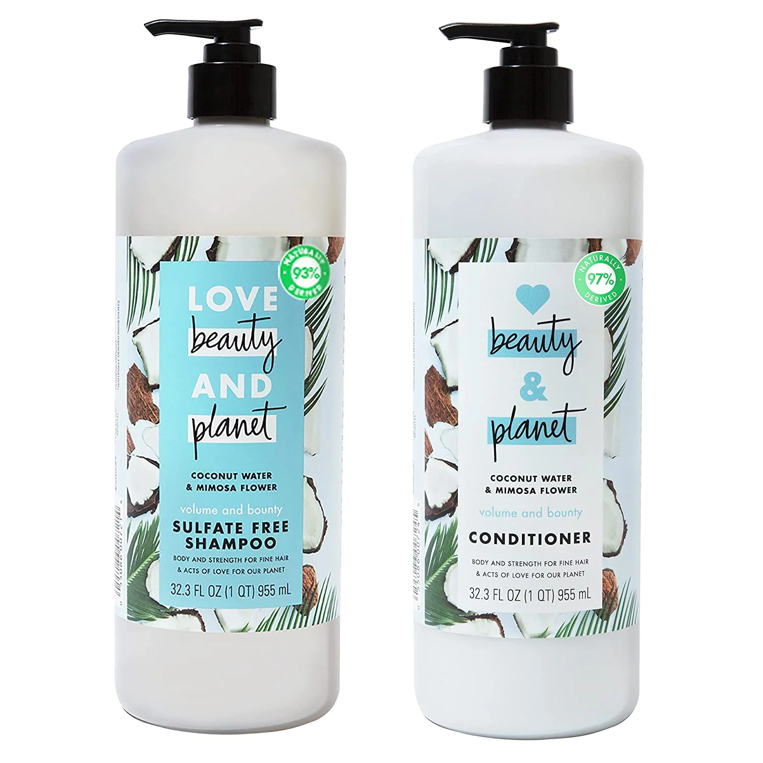 Thickening Shampoo and Conditioner Hair Care For Fine Hair Coconut Water and Mimosa Flower Sulfate-Free, Paraben-Free, Vegan 32.3 oz 2 Count