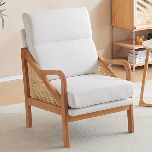 Karl home Modern Accent Chair, Mid-Century Woven Rattan Chairs with Upholstered Lounge Armchair with Oak Wood Frame & Soft Cushion for Living Room, Bedroom, Reading Room (White)