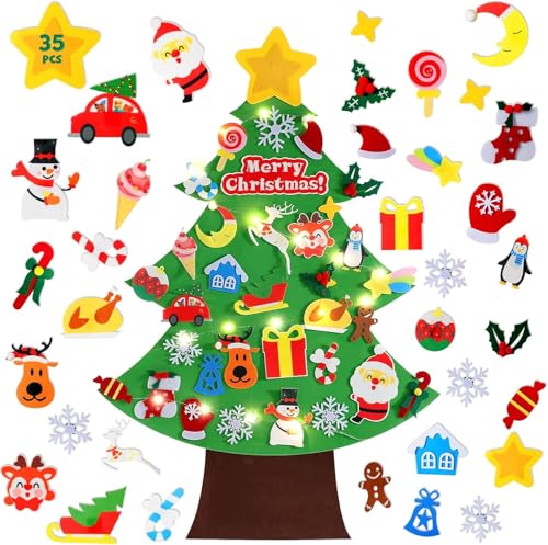 TOBEHIGHER Felt Christmas Tree for Toddlers - 3.6 FT Wall Felt Christmas Tree for Kids with Lights and 35 Pcs Ornaments, DIY Xmas Gifts for Door Hanging Christmas Decorations (Batteries not Included)