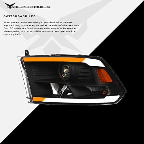 Alpha Owls 8710401 Crystal Headlights With Switchback Sequential LED Light Bar & Startup Light - Black Amber Fits 2009-2018 Dodge Ram 1500 2500 3500/2019-2023 Classic Halogen Models