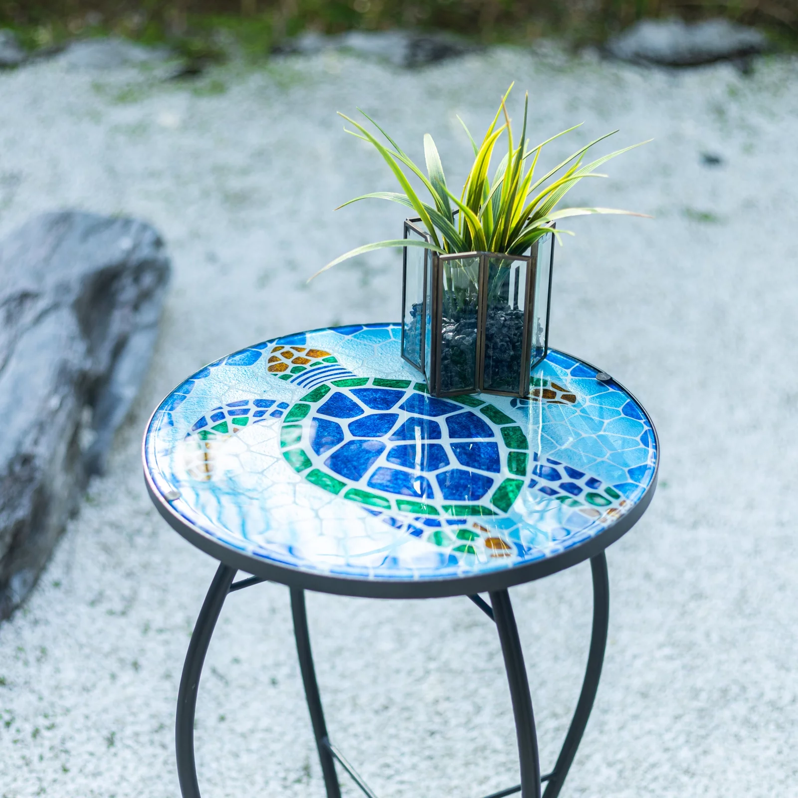 Wonder Garden 21 Inch Table Round Outdoor End Tables for Patio Mosaic Glass Tabletop Coffee Table Plant End Table Small Porch Table Indoor Green and Blue Sea Turtle