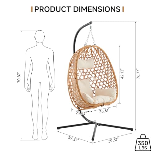 Outdoor Hanging Egg Chair, Patio Wicker Swing Chair with Stand and Cushion, Wider Basket Seating, Hammock Chairs for Outside Balcony Backyard Bedroom Porch, Brown
