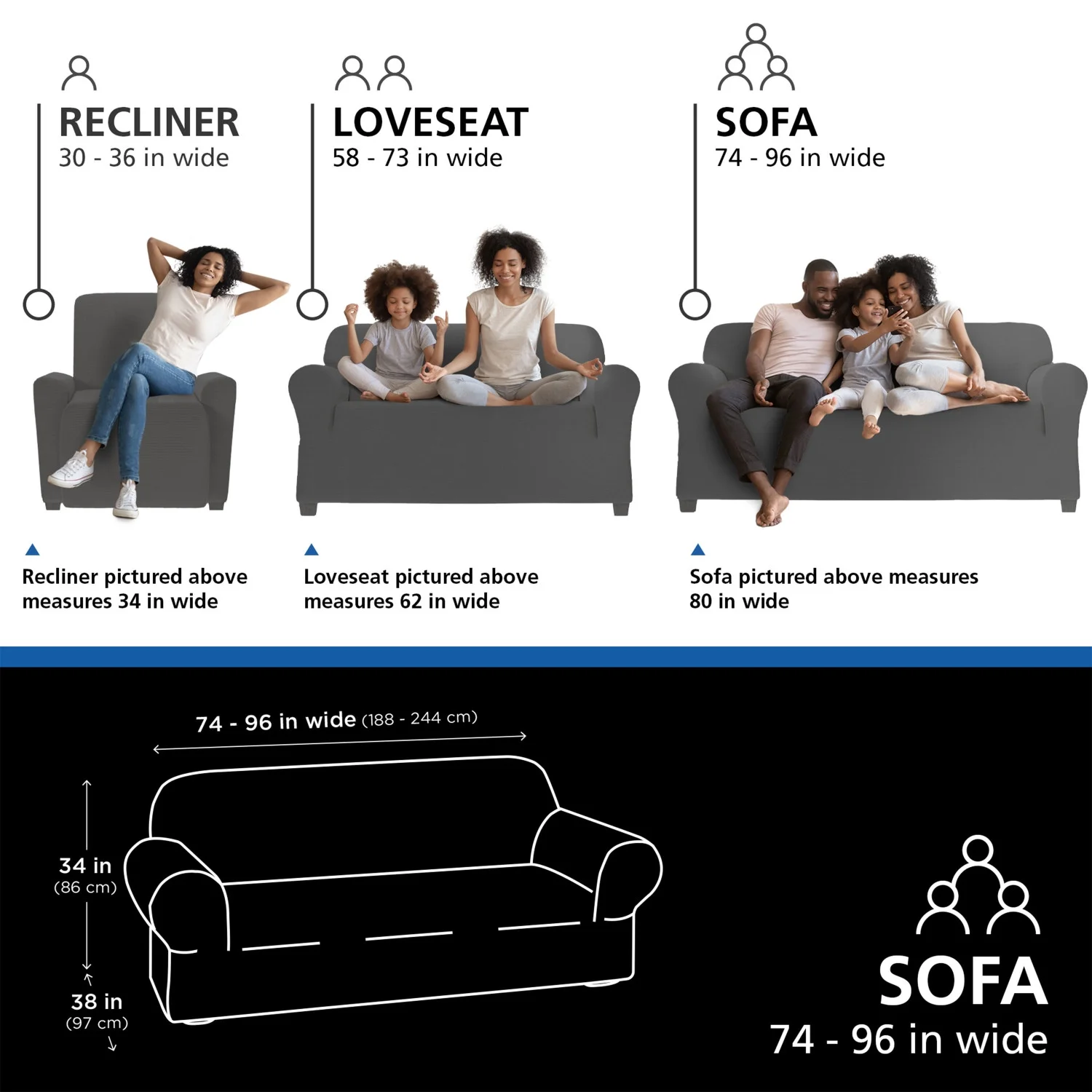 Mainstays Herringbone Stretch-to-Fit Sofa Slipcover, 1-Piece, Charcoal Gray