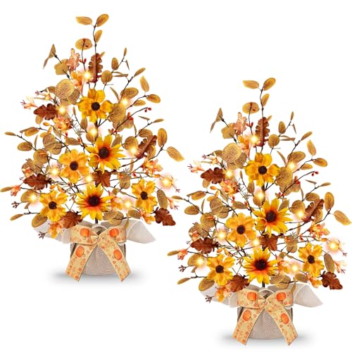 [ Prelit & Timer ] 2 Pack Fall Decor Tabletop Fall Tree with 48 LED Battery Operated, Maple Tree 288 Eucalyptus Leafed 12 Pinecones Berried Thanksgiving Fall Decorations for Home Table Decor 18 Inch