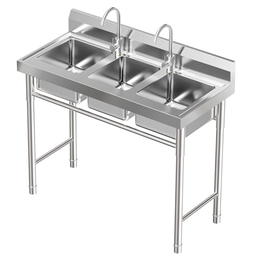 Stainless Steel Utility Sink 3 Compartment Free Standing Kitchen Sink with Cold and Hot Water Pipe, 39'' ×18'' ×36'' Commercial Utility Sinks for Restaurant, Bar, Food Truck, Coffee Shop