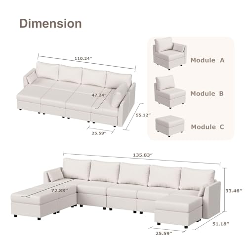 Modular Sectional Sofa, 8 Seat Sectional Couches for Living Room, U Shaped Sectional Sofa with Storage, Comfy modular Sectional Sleeper Sofa with Chaise, Convertible Modular Couches(Light Grey)