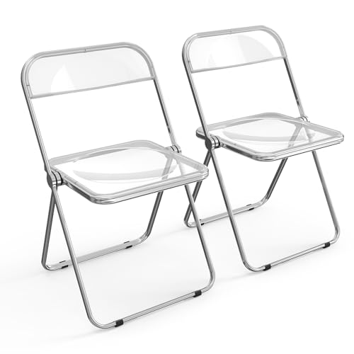 VINGLI Acrylic Folding Chairs 2 Pack, Clear Chair Foldable and Stackable, Plastic Panel & Metal Chrome Frame, Weight Capacity 350 lbs, Transparent