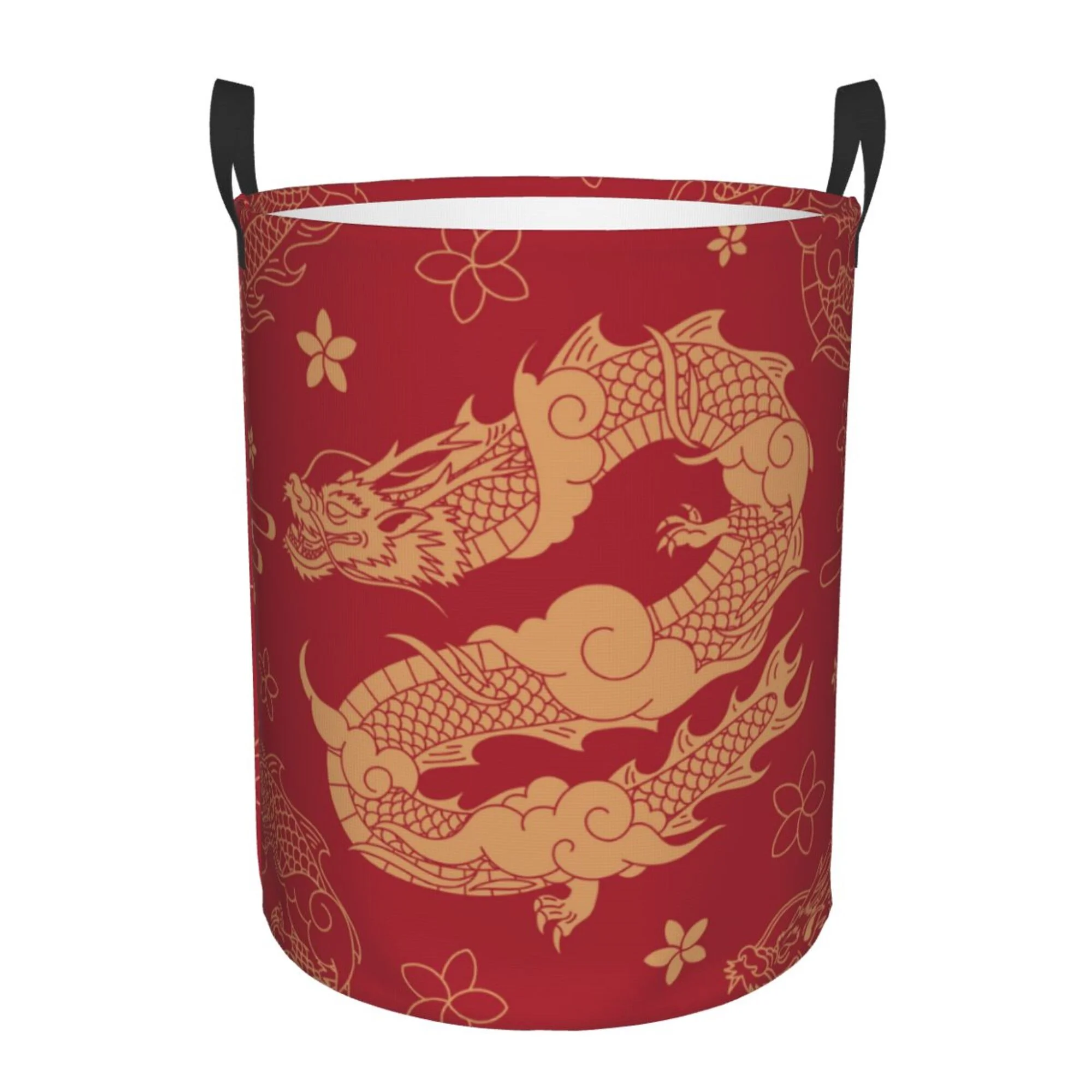TEQUAN Waterproof Laundry Hampers, Red Chinese Dragon Pattern Clothes Storage Basket with Handle (S)