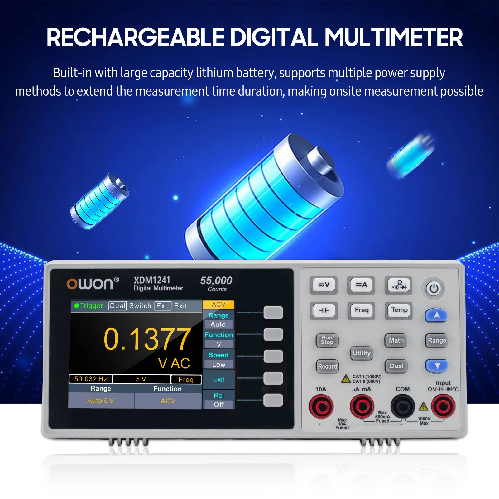 Owon XDM1241 Mini Desktop Digital Multimeter Rechargeable 55, 000 Counts High Accuracy True RMS Universal Meter with 3.5-inch TFT LCD Screen with Backlight Auto Multifunctional Ammeter Voltm