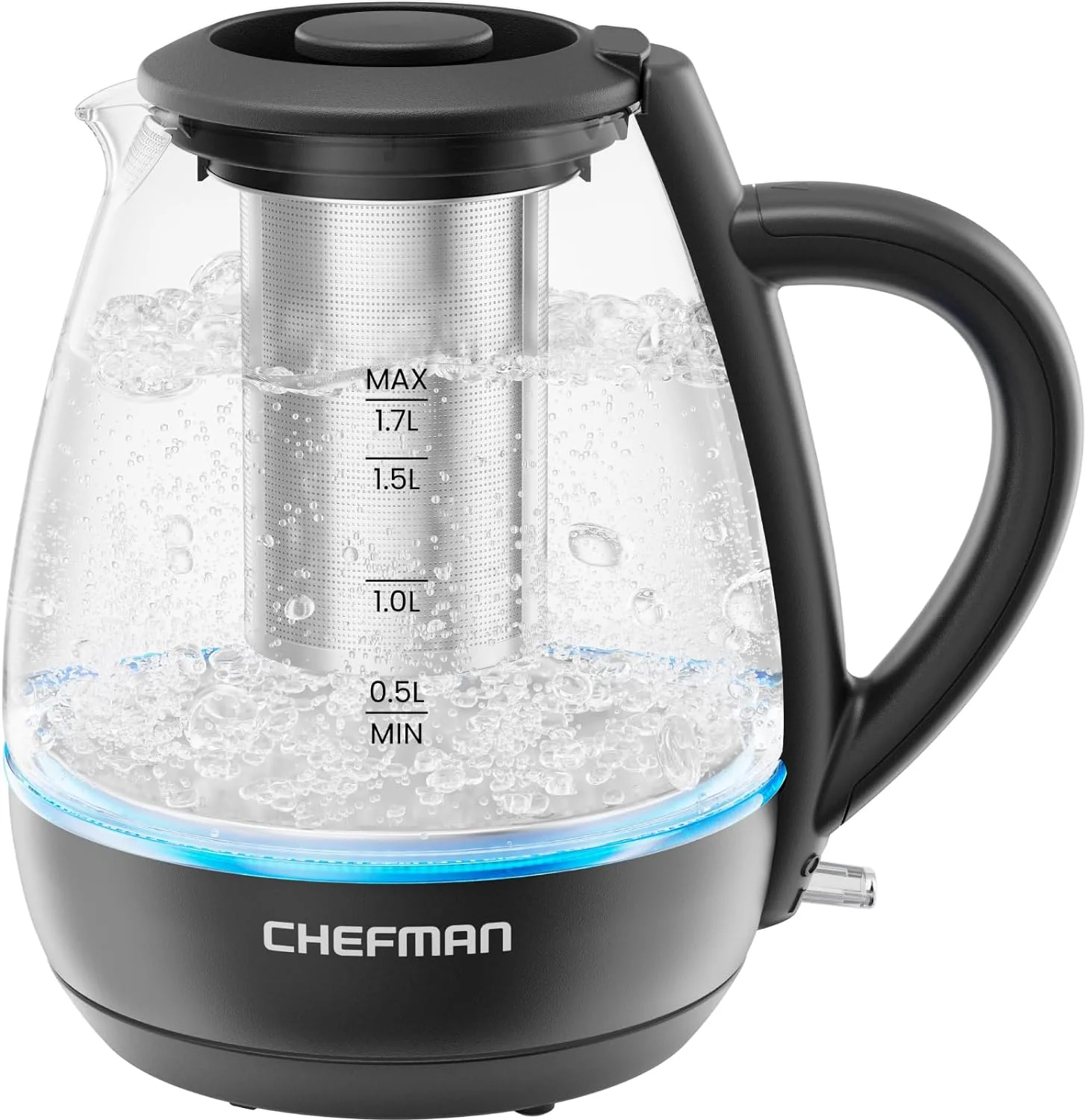 Chefman Fast Boil 1.7L Electric Glass Kettle w/ Tea Infuser, Removable Lid - Black, New