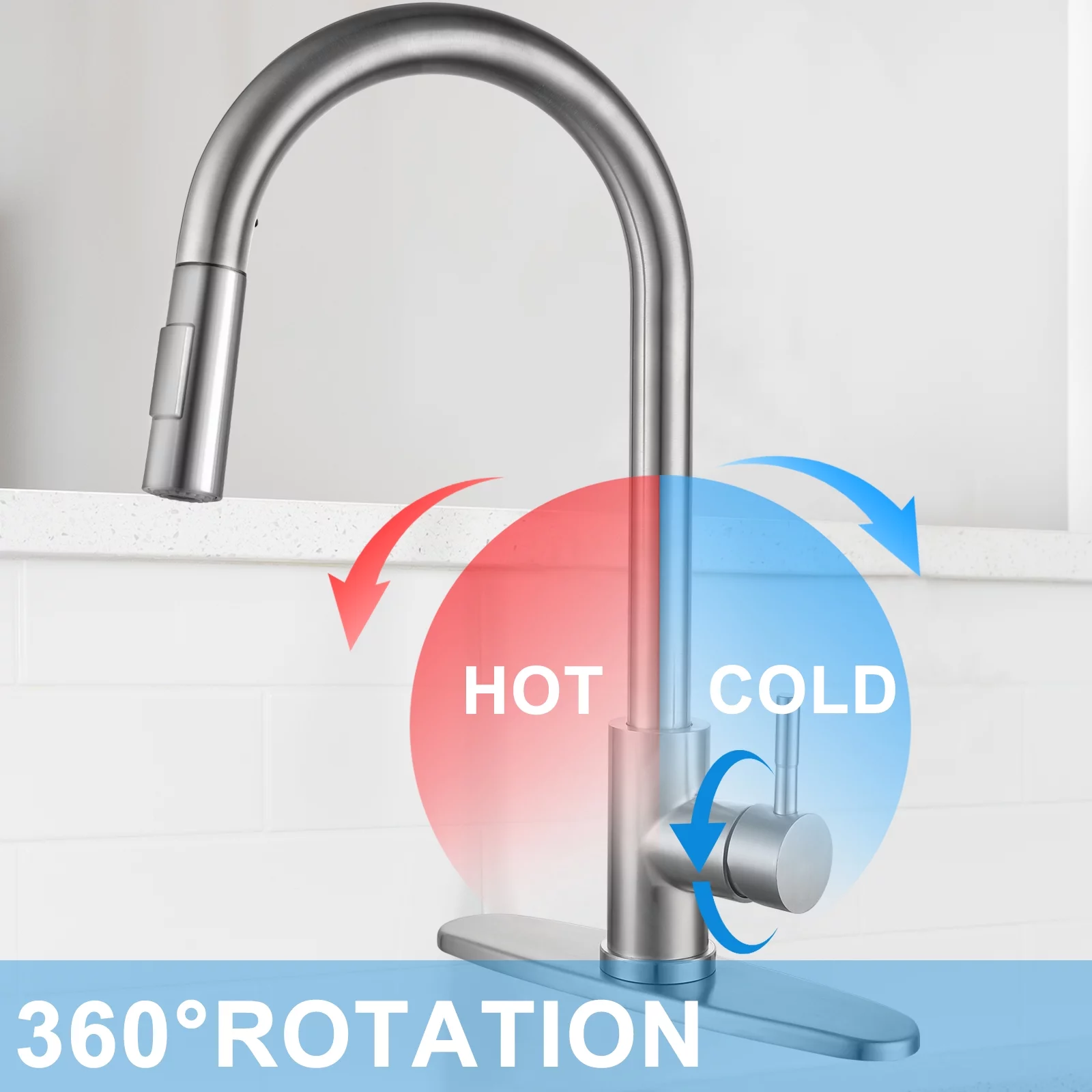 WYRAVIO Kitchen Faucet with Pull Down Sprayer, 304 Stainless Steel Kitchen Sink Faucets with Deck Plate, High Arc Single Handle