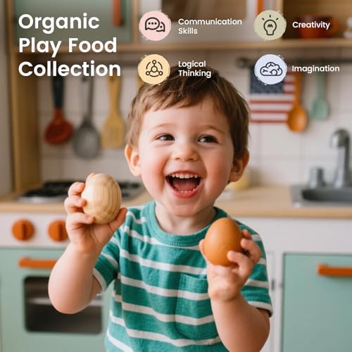 Tiny Land Organic Play Food Set - 6PCS Wooden Seafood & Meat Toy Set for Kids, Pretend Grocery for Kitchen Play, Montessori Toy Gift