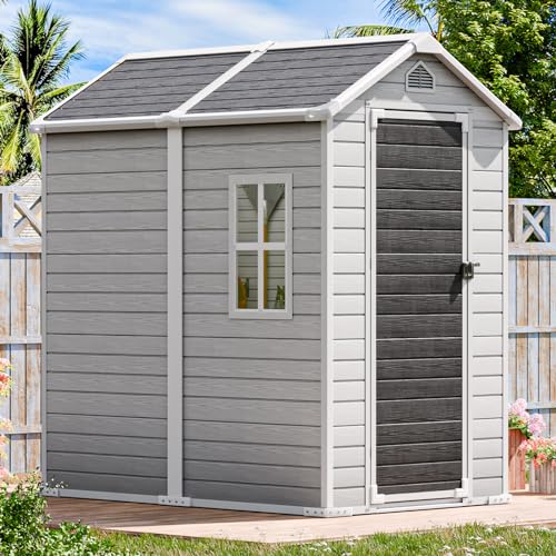 Outdoor Resin Storage Shed with Floor Included 5x3 FT, Waterproof Outside Sheds with Window Lockable Door, Plastic Sheds for Backyard Garden Patio Lawn Tools, Gray